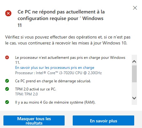 Non compatibilité Windows 11
